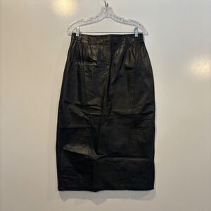 Vintage Toffs Genuine Leather Black Midi Skirt Womens Size 6